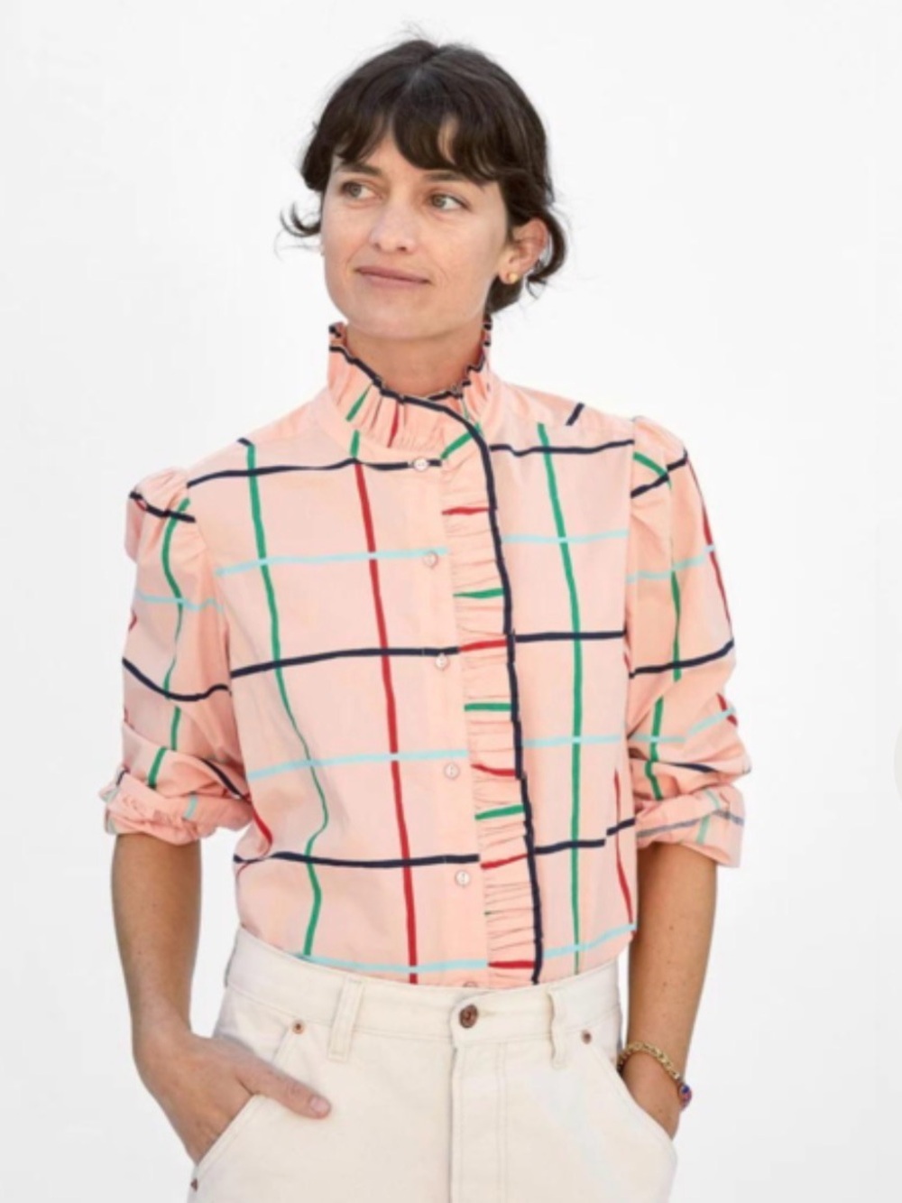 Clare V. Ella Blouse in Blush Multi Windowpane a ruffled collar and placket L